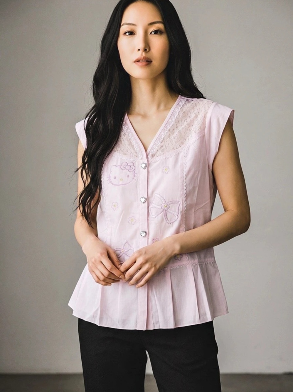 Sanrio Hello Kitty Women's Peplum Blouse in Pink Size Large NWT